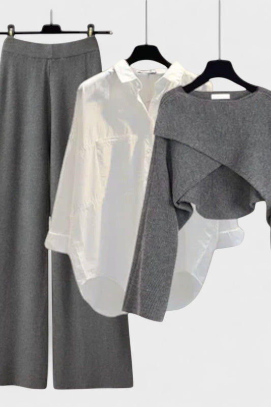 Carla | Three-Piece Shirt, Knit Top & Trouser Set