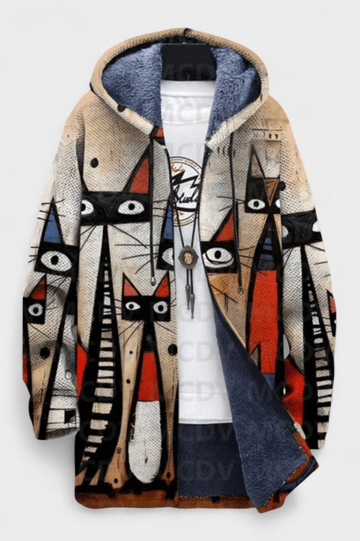 Carolyn | Abstract Cat Hooded Zip Jacket