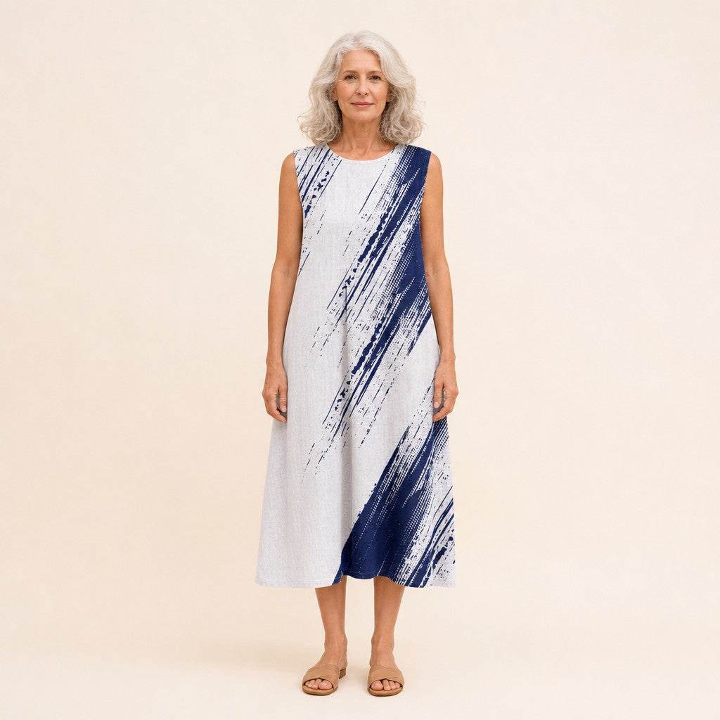 Regina | Blue Brushstroke Sleeveless Midi Dress