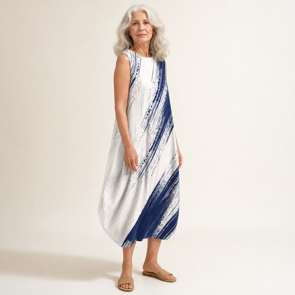 Regina | Blue Brushstroke Sleeveless Midi Dress