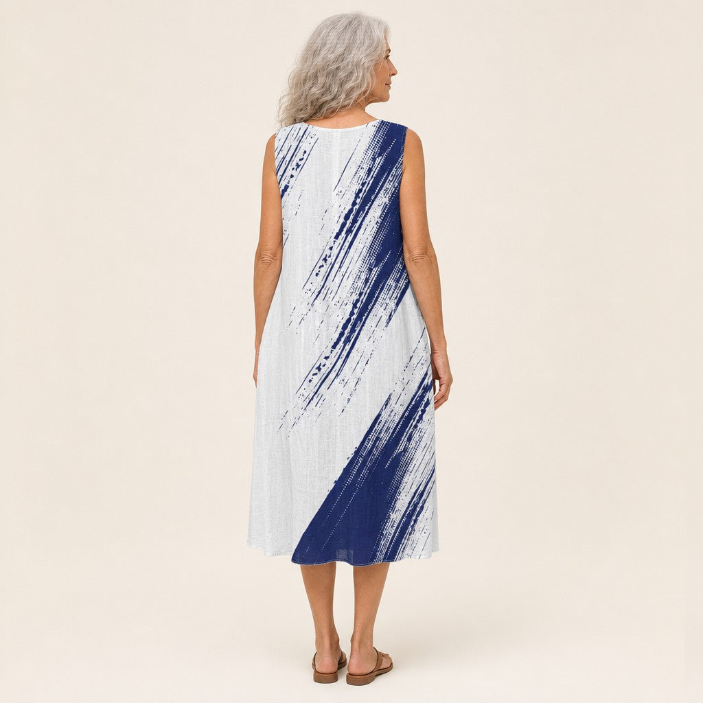 Regina | Blue Brushstroke Sleeveless Midi Dress