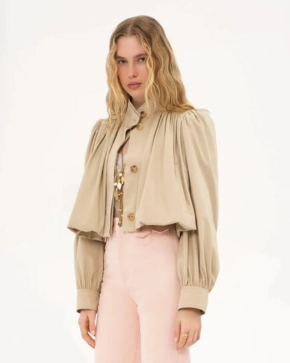 Catrin | Beige Puff-Sleeve Bomber Jacket