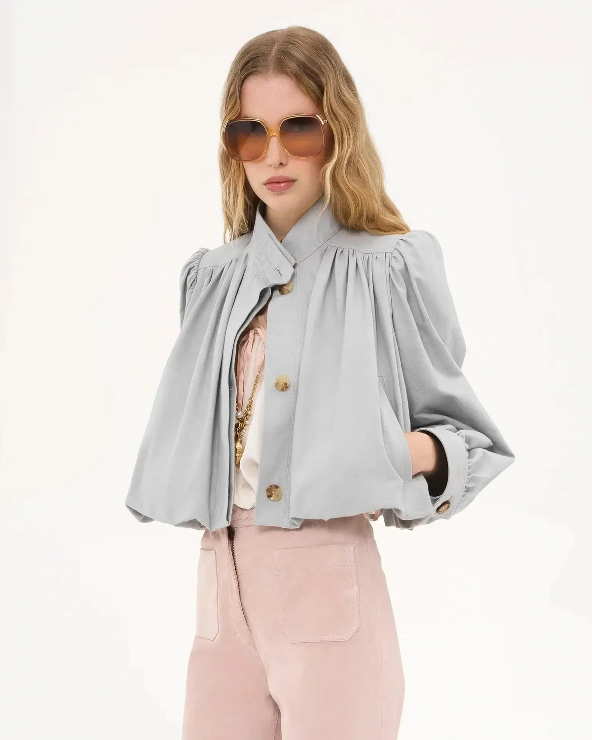 Catrin | Beige Puff-Sleeve Bomber Jacket