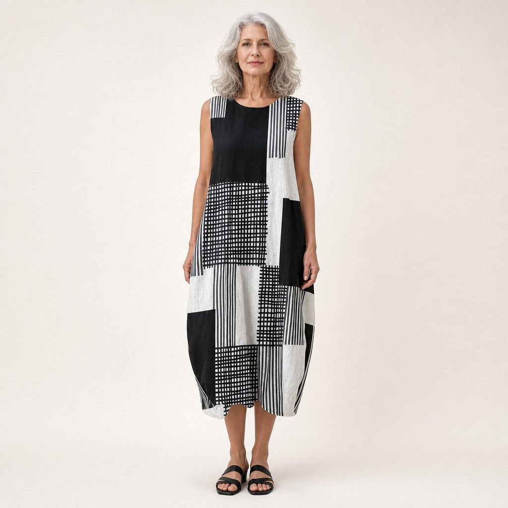 Gwyneth | Black & White Patchwork Sleeveless Midi Dress