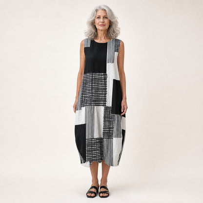 Gwyneth | Black & White Patchwork Sleeveless Midi Dress