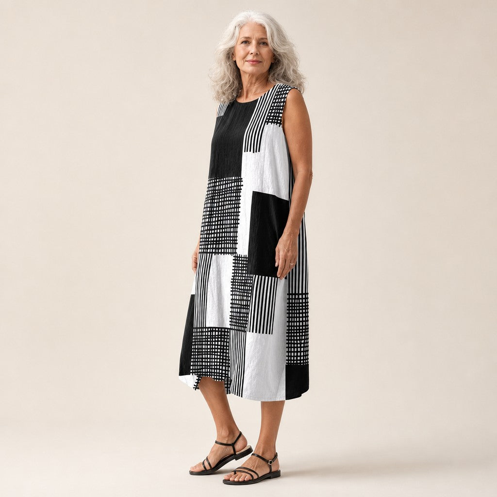 Gwyneth | Black & White Patchwork Sleeveless Midi Dress