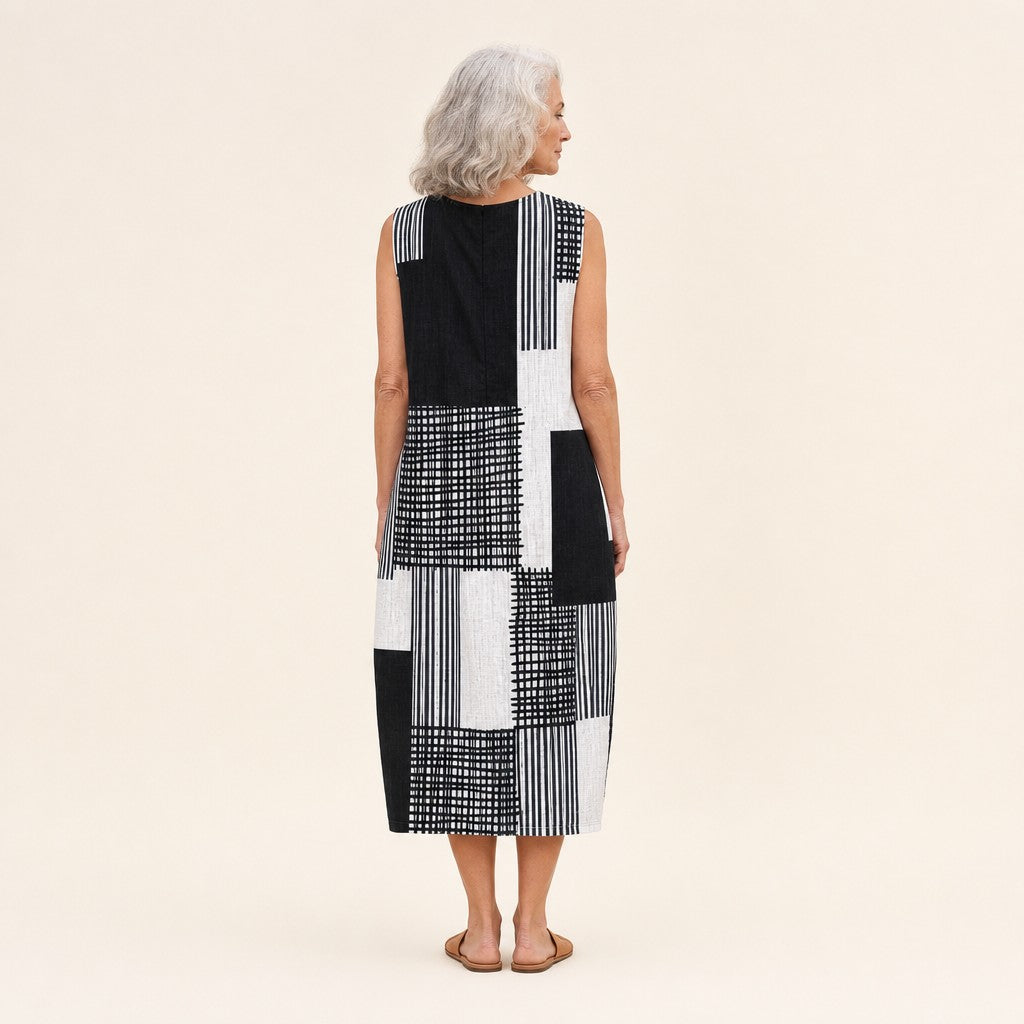 Gwyneth | Black & White Patchwork Sleeveless Midi Dress