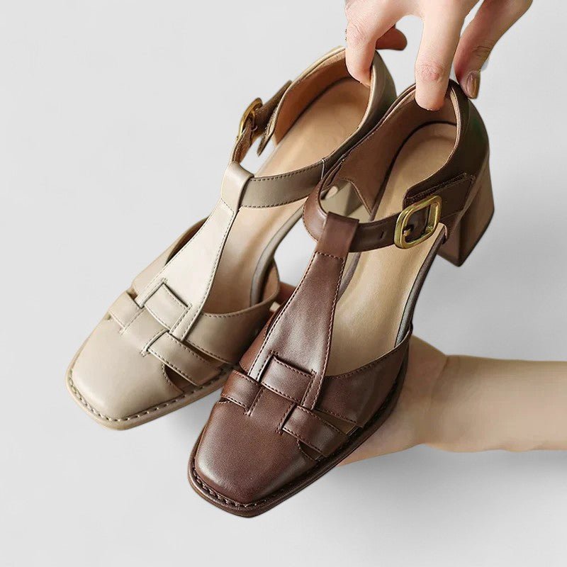 Laura | Brown T-Bar Block Heel Shoes