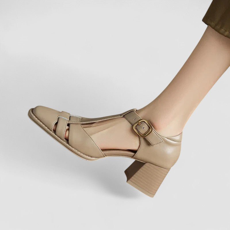 Laura | Brown T-Bar Block Heel Shoes