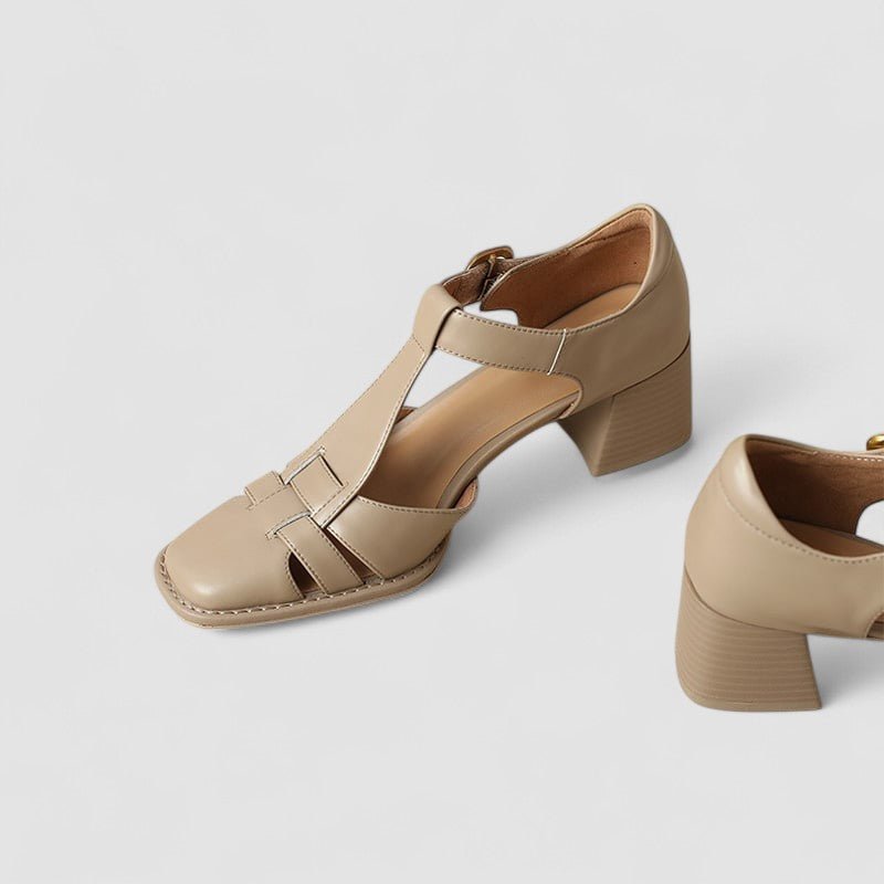 Laura | Brown T-Bar Block Heel Shoes