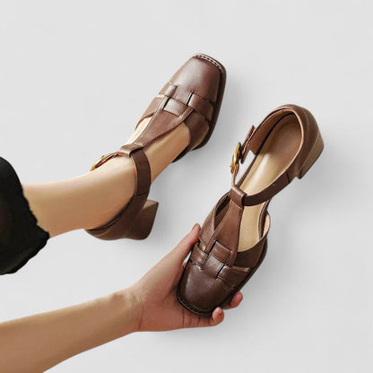 Laura | Brown T-Bar Block Heel Shoes