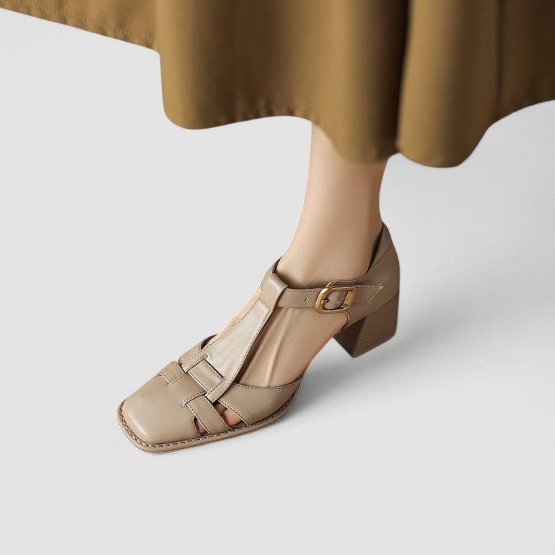 Laura | Brown T-Bar Block Heel Shoes