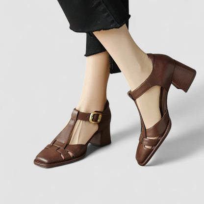 Laura | Brown T-Bar Block Heel Shoes
