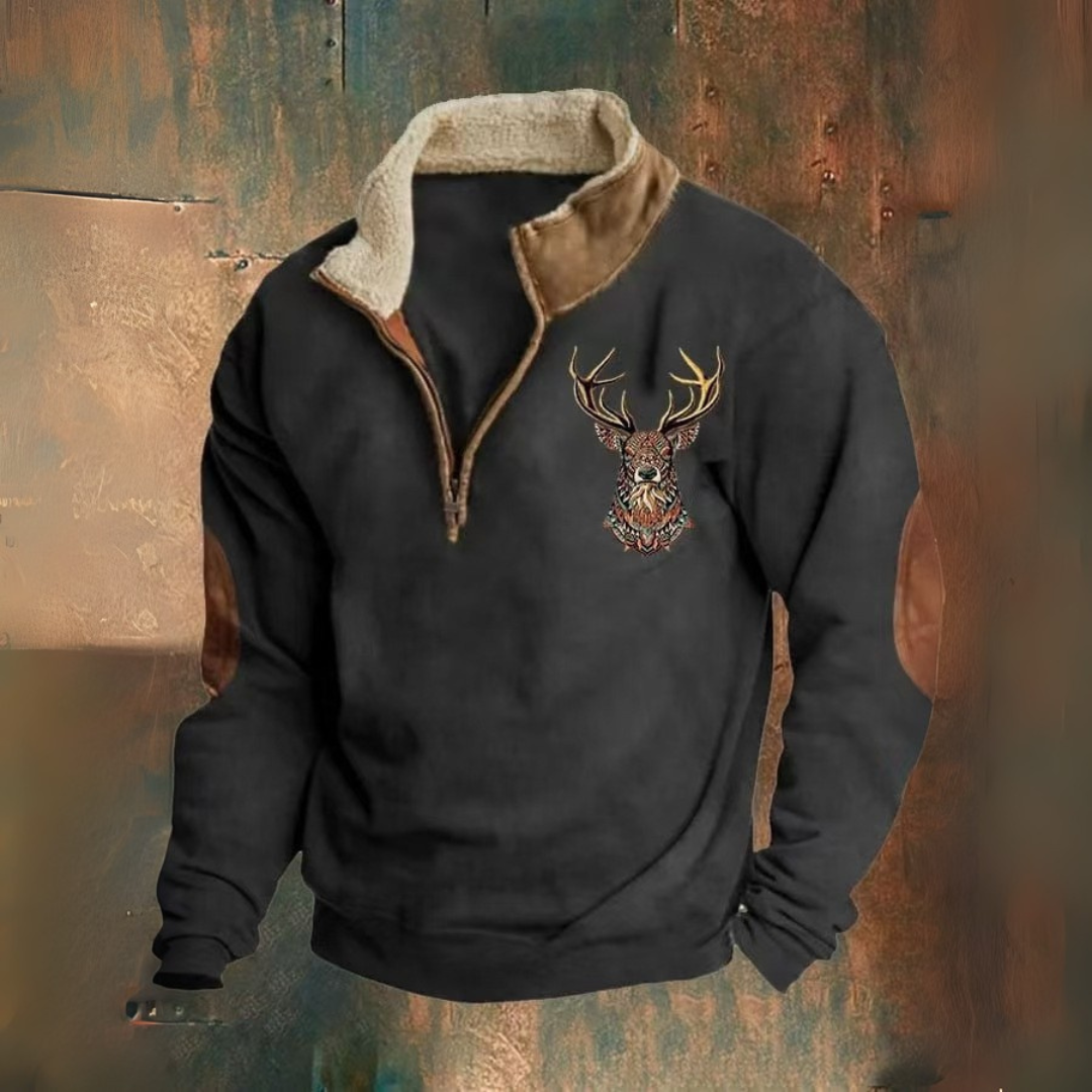 Laurence | Brown Deer-Motif Half-Zip Sweatshirt