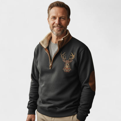 Laurence | Brown Deer-Motif Half-Zip Sweatshirt