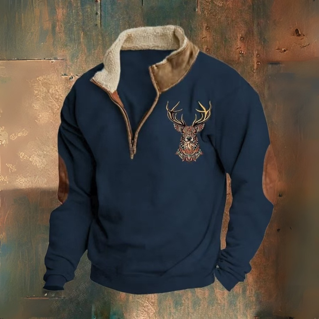 Laurence | Brown Deer-Motif Half-Zip Sweatshirt