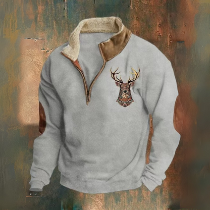 Laurence | Brown Deer-Motif Half-Zip Sweatshirt