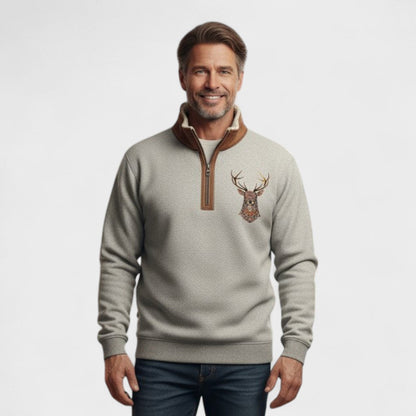 Laurence | Brown Deer-Motif Half-Zip Sweatshirt