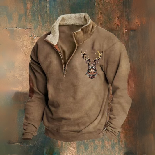 Laurence | Brown Deer-Motif Half-Zip Sweatshirt