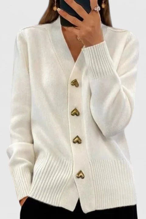 Leila | Cream V-Neck Button Cardigan