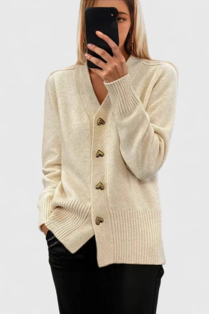 Leila | Cream V-Neck Button Cardigan