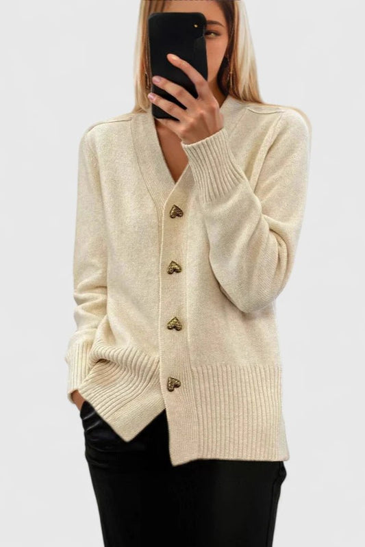 Leila | Cream V-Neck Button Cardigan