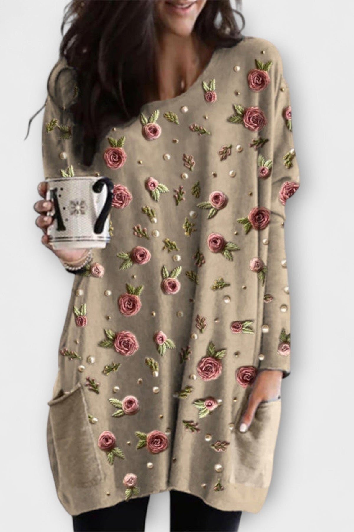Leila | Taupe Floral Embroidered Knit Top