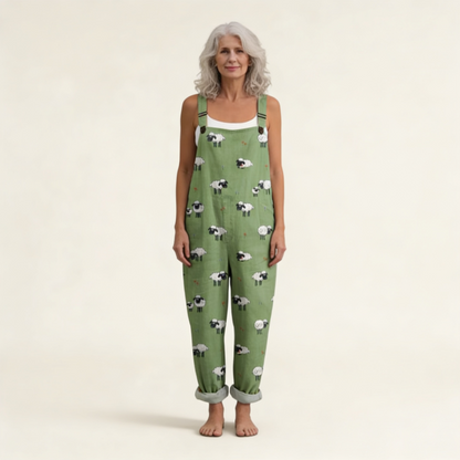 Nell | Olive Hen Print Dungarees