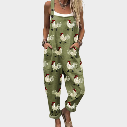 Nell | Olive Hen Print Dungarees