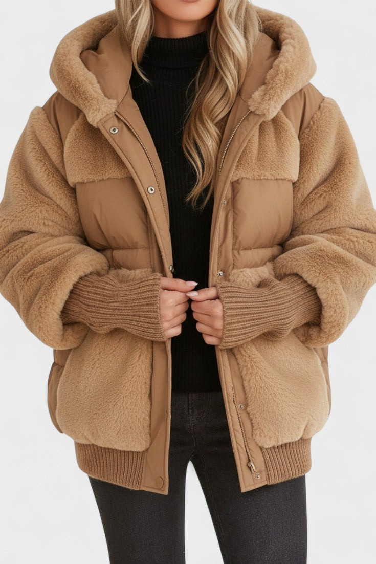 Lena | Camel Hooded Teddy Puffer Jacket