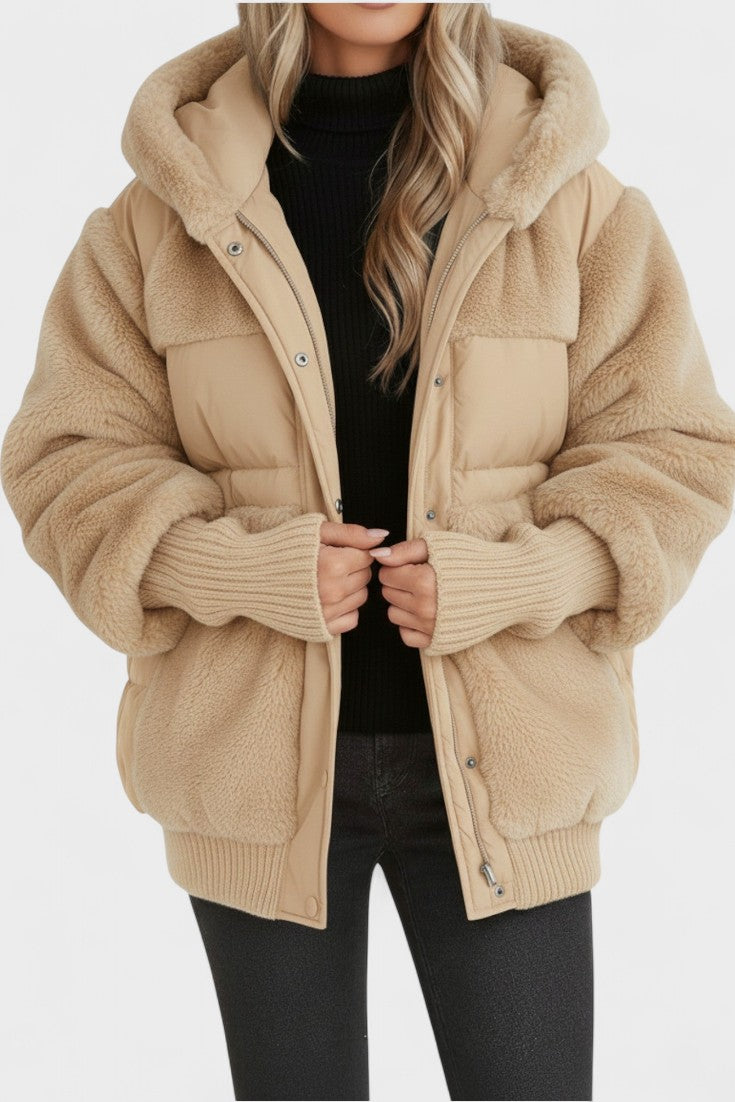 Lena | Camel Hooded Teddy Puffer Jacket