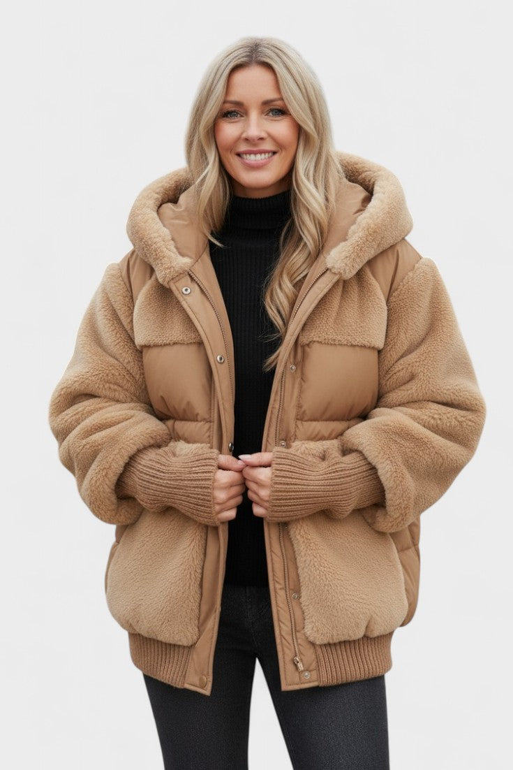 Lena | Camel Hooded Teddy Puffer Jacket