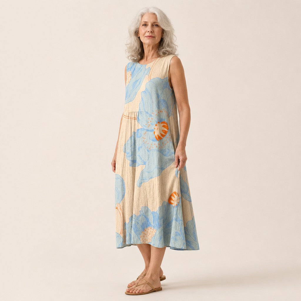Libby | Blue Oversized Floral Sleeveless Midi Dress