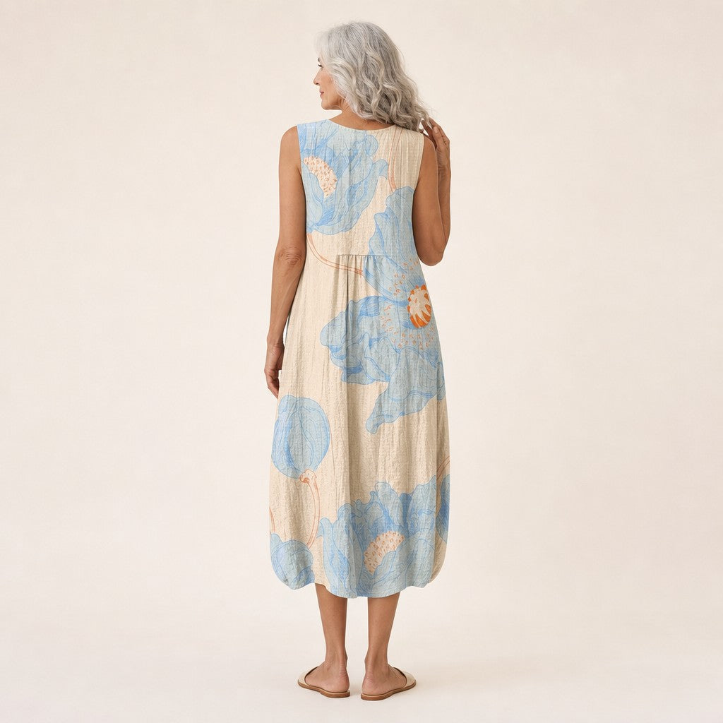 Libby | Blue Oversized Floral Sleeveless Midi Dress