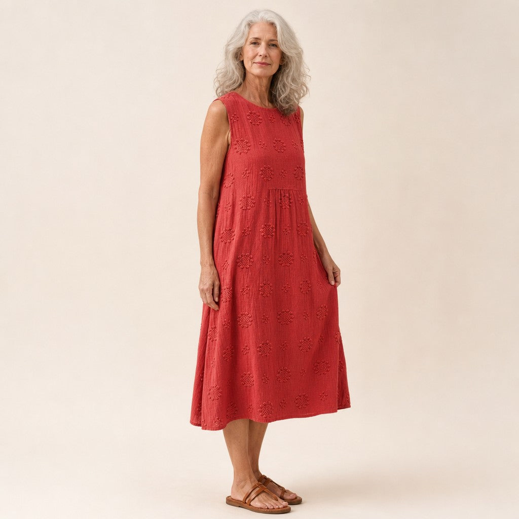 Anita | Red Textured Sleeveless Midi Dress