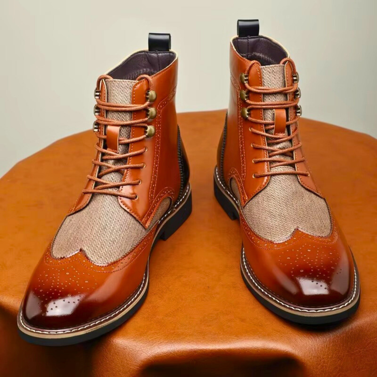 Leonard | Tan Brogue Lace-Up Boots