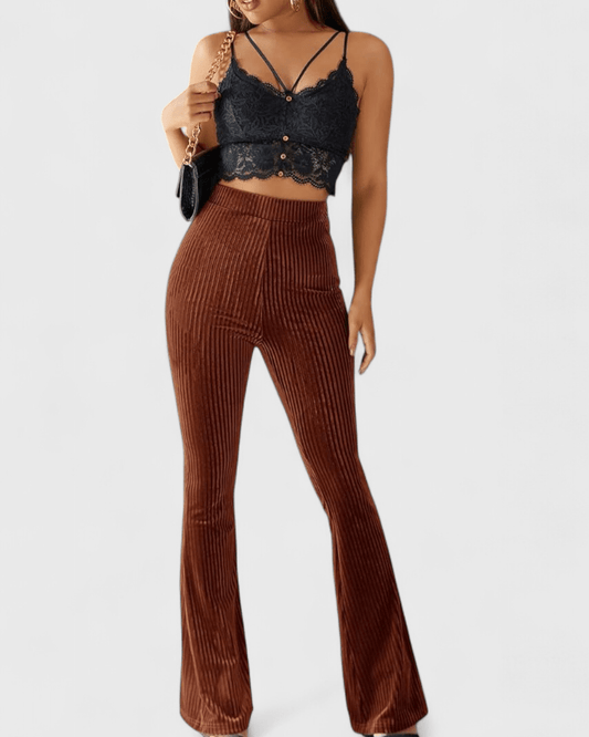 Lisa | Brown Ribbed Flared Trousers