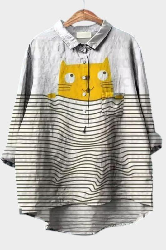 Olivia | Stripe Cat Print Shirt