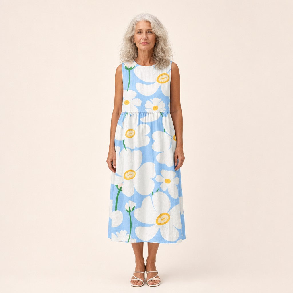 Henrietta | Pale Blue Oversized Floral Sleeveless Midi Dress