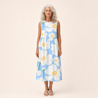 Henrietta | Pale Blue Oversized Floral Sleeveless Midi Dress