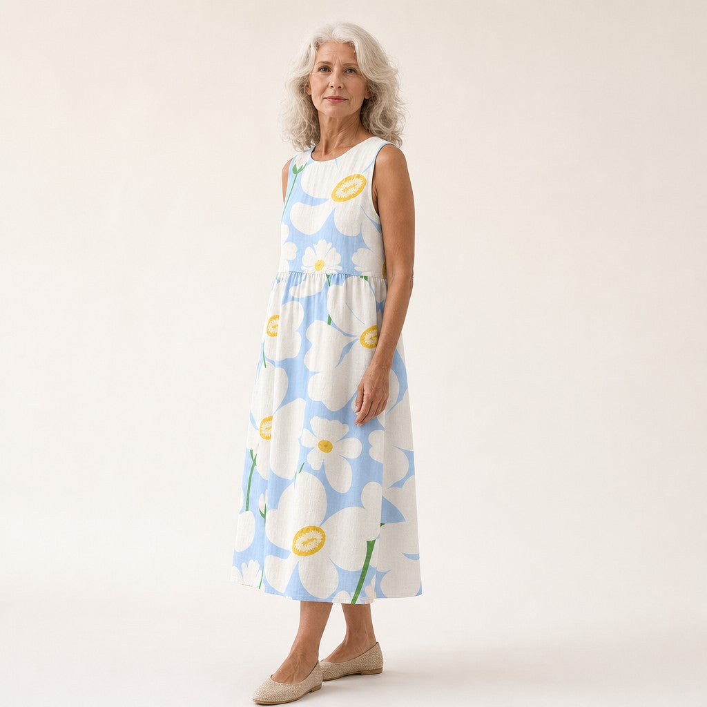 Henrietta | Pale Blue Oversized Floral Sleeveless Midi Dress