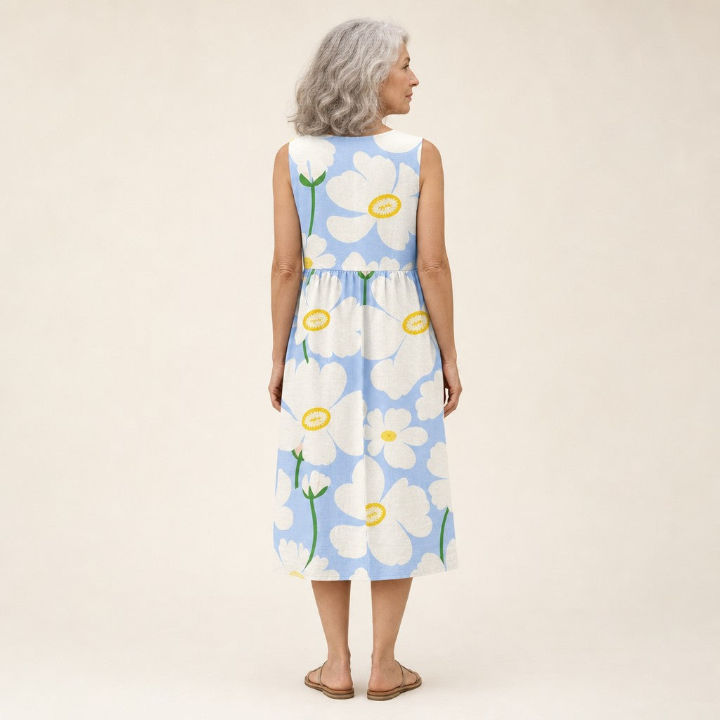 Henrietta | Pale Blue Oversized Floral Sleeveless Midi Dress