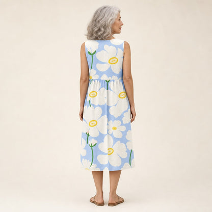 Henrietta | Pale Blue Oversized Floral Sleeveless Midi Dress