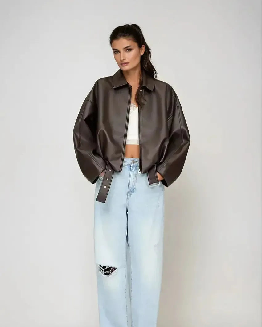 Louise | Brown Faux-Leather Jacket
