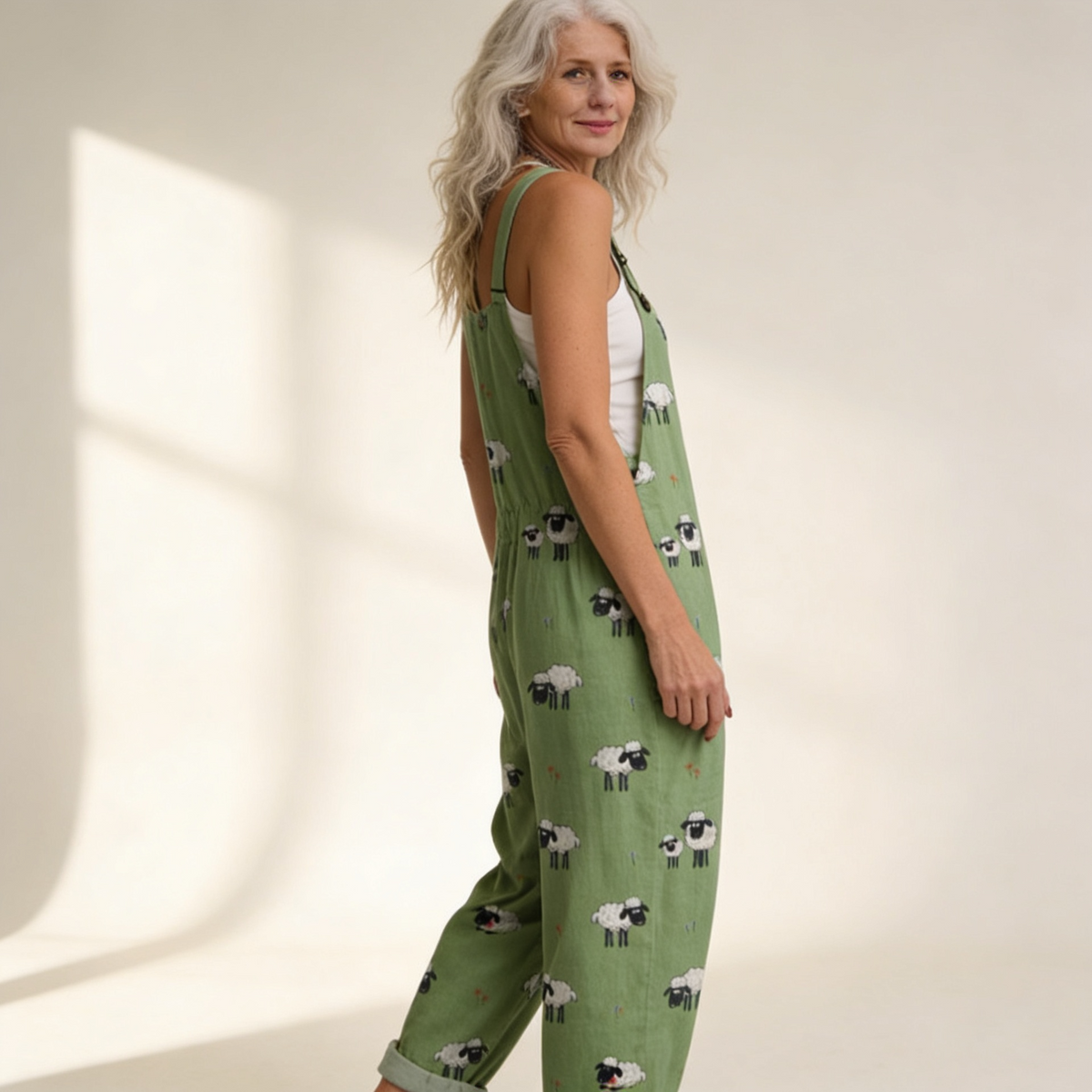 Emma | Green Sheep Print Dungarees