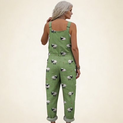 Emma | Green Sheep Print Dungarees