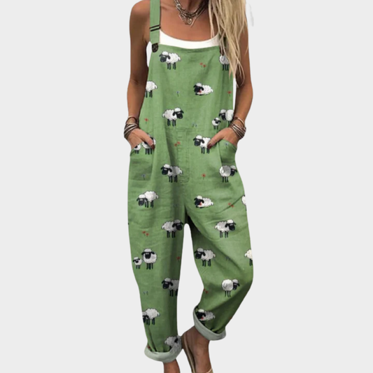 Emma | Green Sheep Print Dungarees