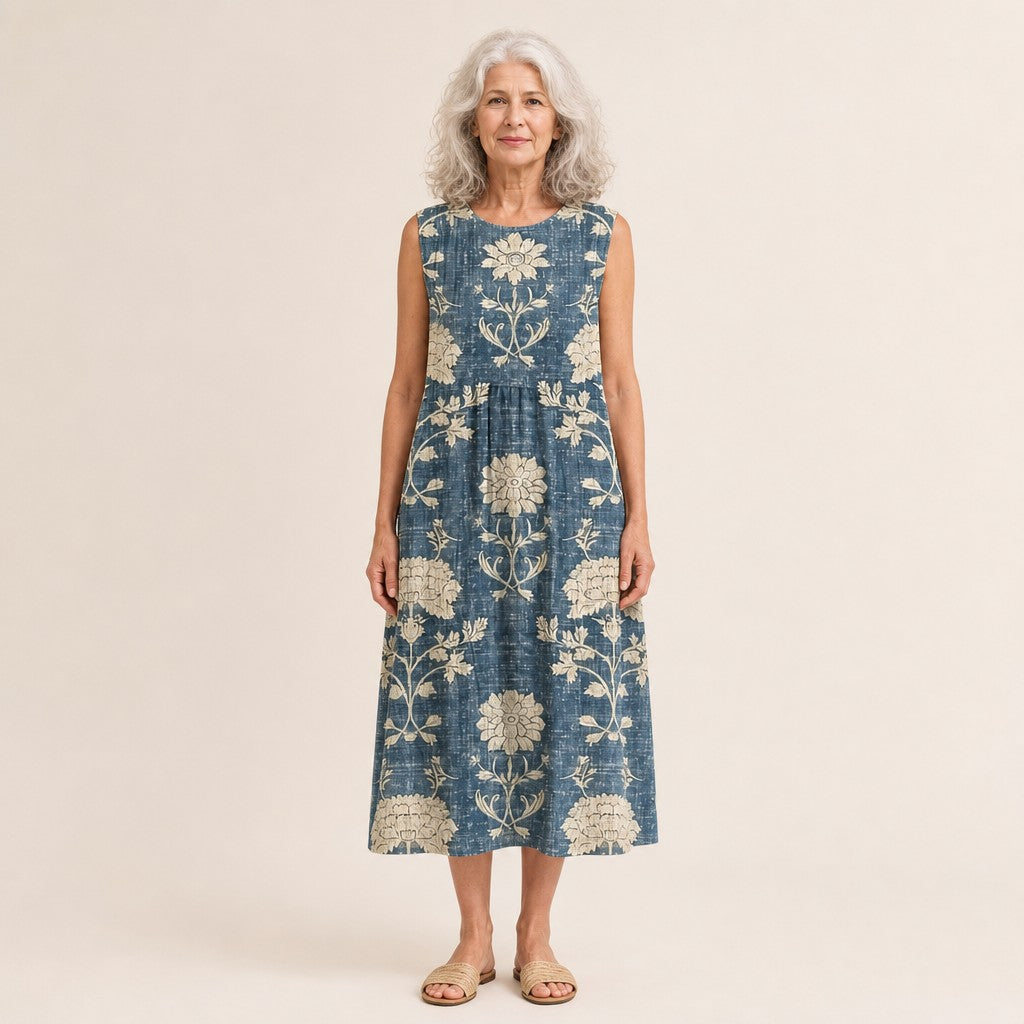 Meredith | Blue Vintage Floral Sleeveless Midi Dress