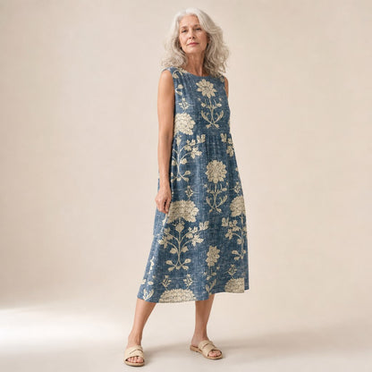 Meredith | Blue Vintage Floral Sleeveless Midi Dress