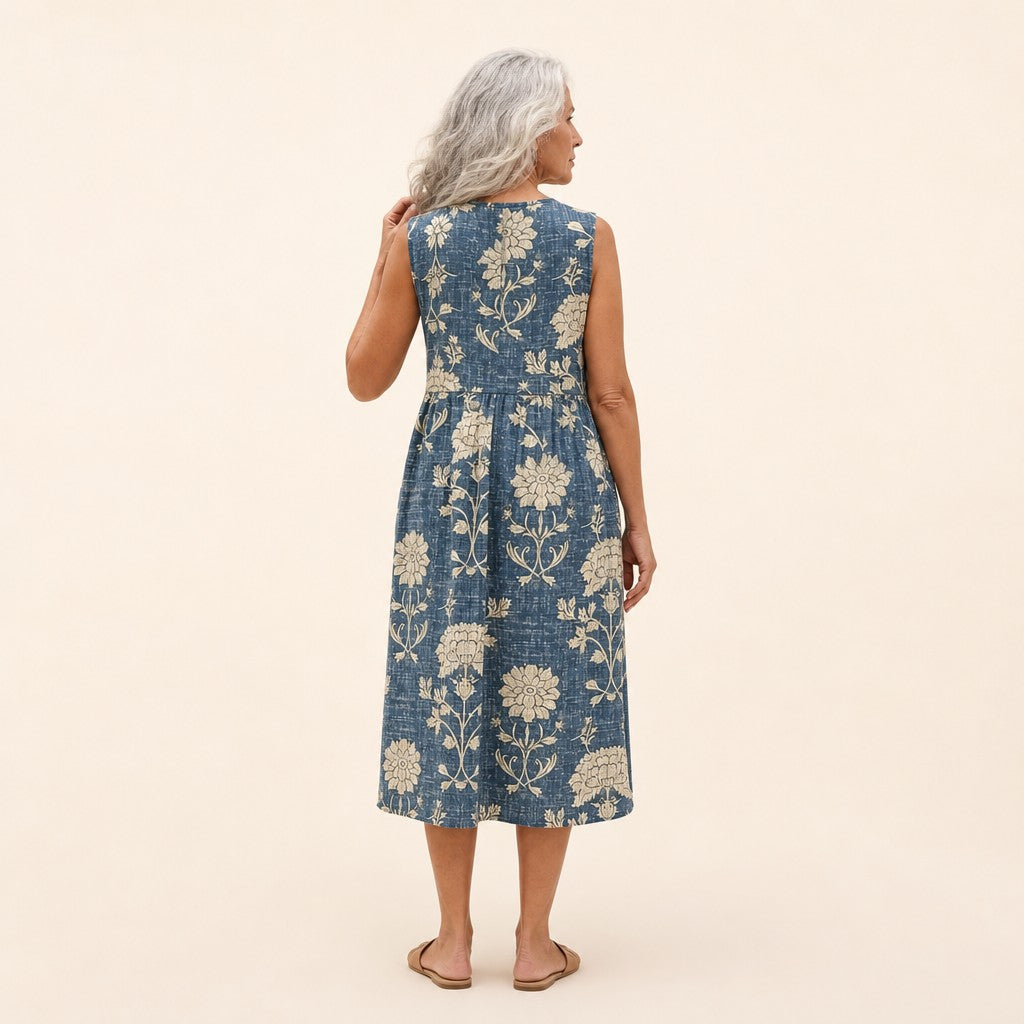 Meredith | Blue Vintage Floral Sleeveless Midi Dress